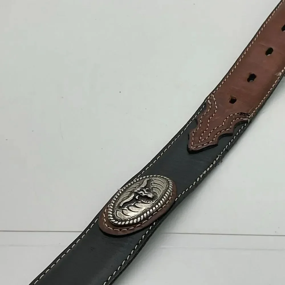 Nocona Brown And Black Leather Belt with Silver Toned embellishments